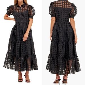 English Factory Black Grid Pattern Tiered Midi Dress